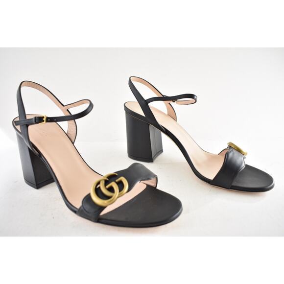Gucci Marmont Black Leather Gold GG Logo Block Heel Ankle Strap Pump Sandal 40 - Picture 3 of 13